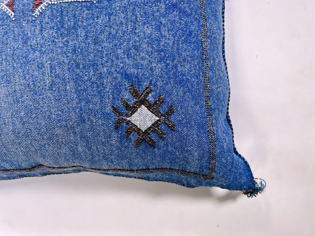 Blue Moroccan Silk Pillow Cover, Handmade Boho Kilim Cushion with Tribal Embroidery and Corner Tassels - product image 6