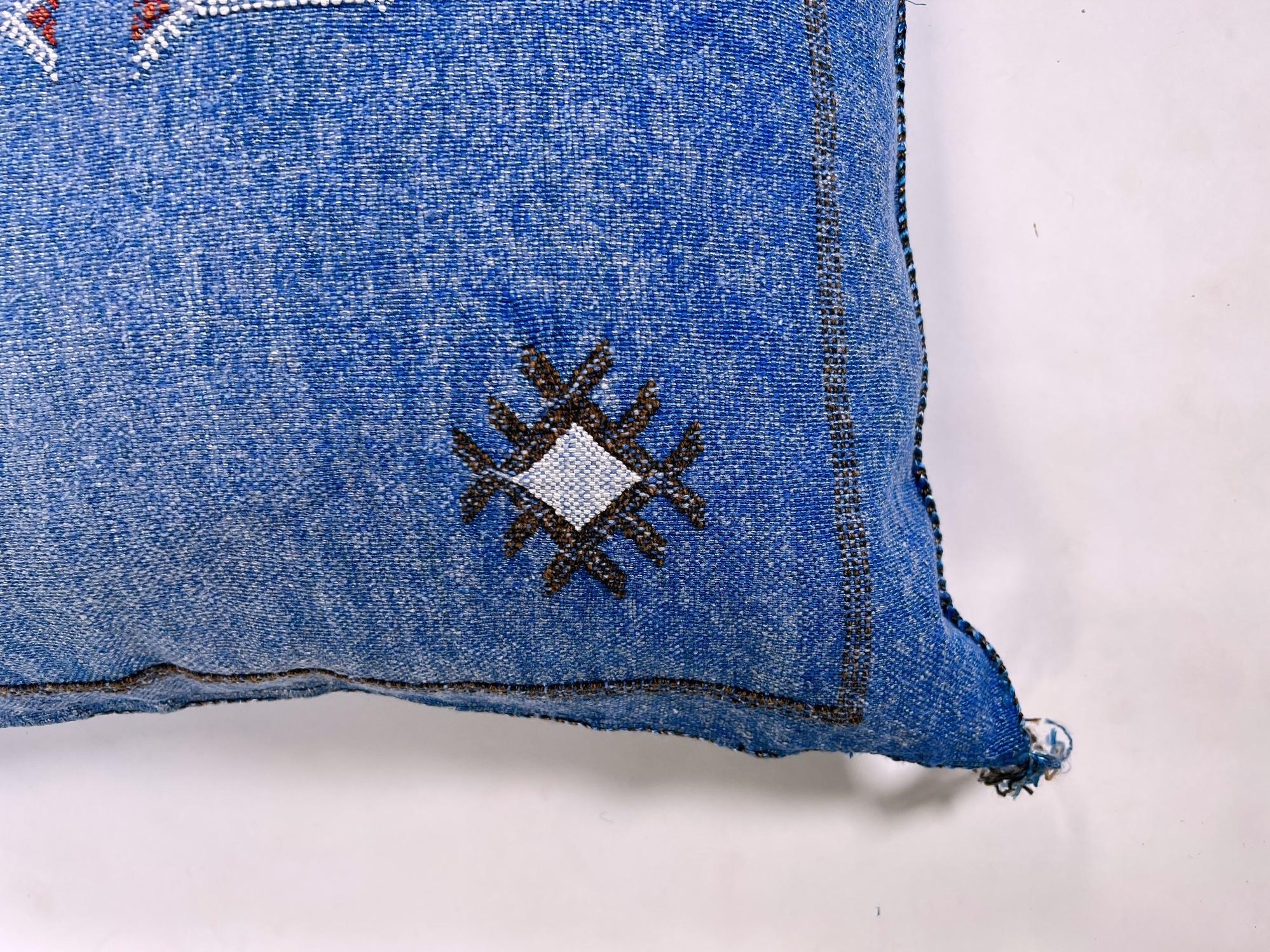 Blue Moroccan Silk Pillow Cover, Handmade Boho Kilim Cushion with Tribal Embroidery and Corner Tassels - product image 6