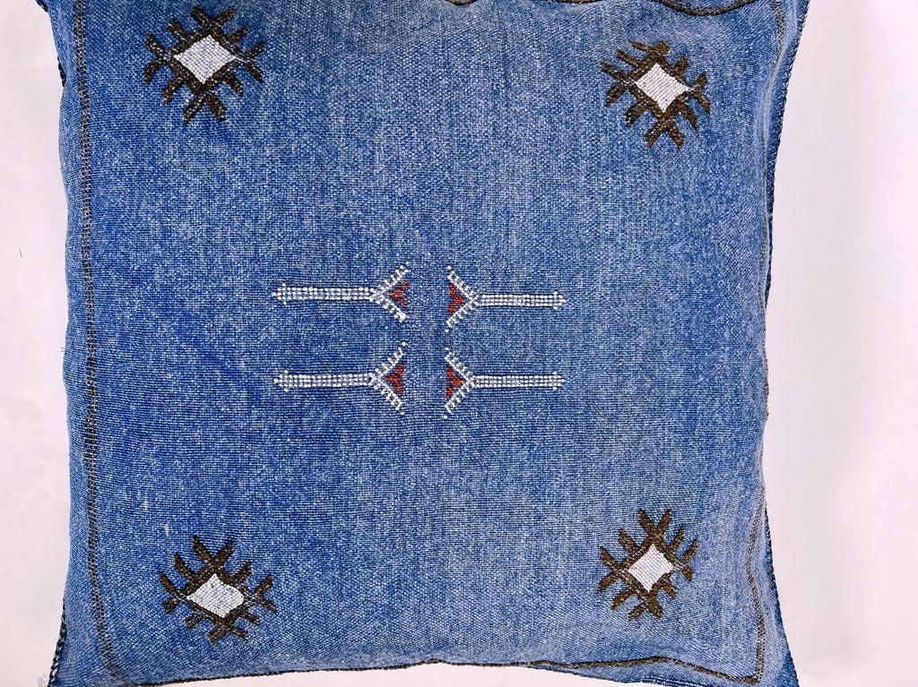 Blue Moroccan Silk Pillow Cover, Handmade Boho Kilim Cushion with Tribal Embroidery and Corner Tassels - product image 8