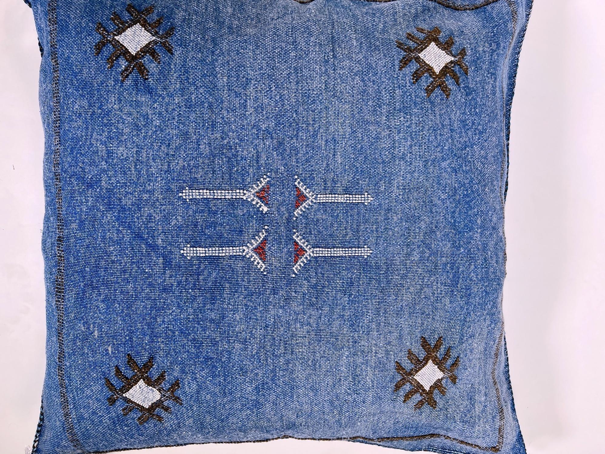Blue Moroccan Silk Pillow Cover, Handmade Boho Kilim Cushion with Tribal Embroidery and Corner Tassels - product image 8