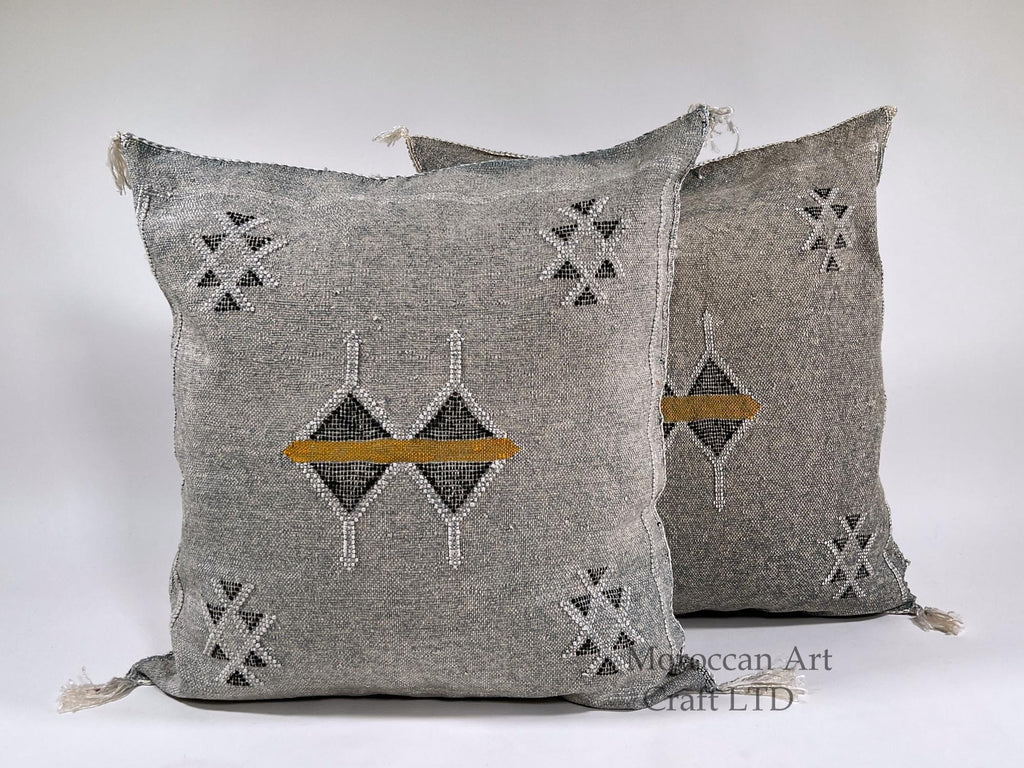 Gray Moroccan Silk Pillow Cover, Black Mustard Geometric Kilim Boho Tassel Cushion, Handmade Berber Pillo - product image 1