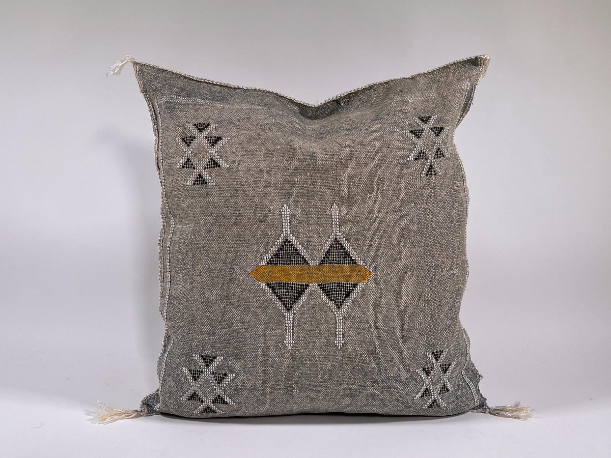 Gray Moroccan Silk Pillow Cover, Black Mustard Geometric Kilim Boho Tassel Cushion, Handmade Berber Pillo - product image 2
