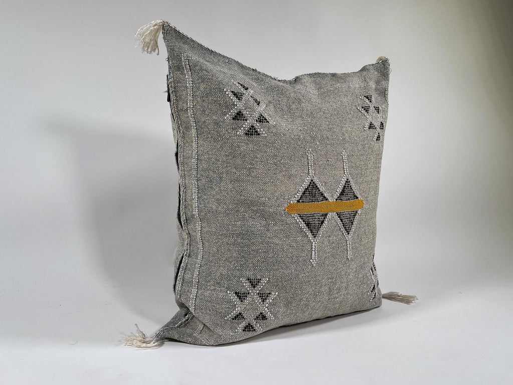 Gray Moroccan Silk Pillow Cover, Black Mustard Geometric Kilim Boho Tassel Cushion, Handmade Berber Pillo - product image 4