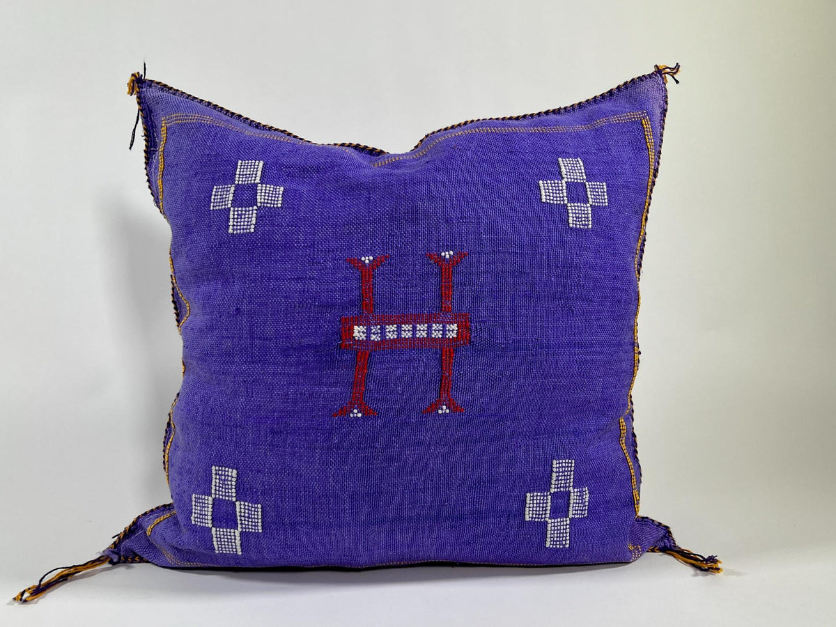 Purple Blue Moroccan Silk Pillow Cover, Handmade Berber Boho Cushion with White Geometric Embroidery - product image 2