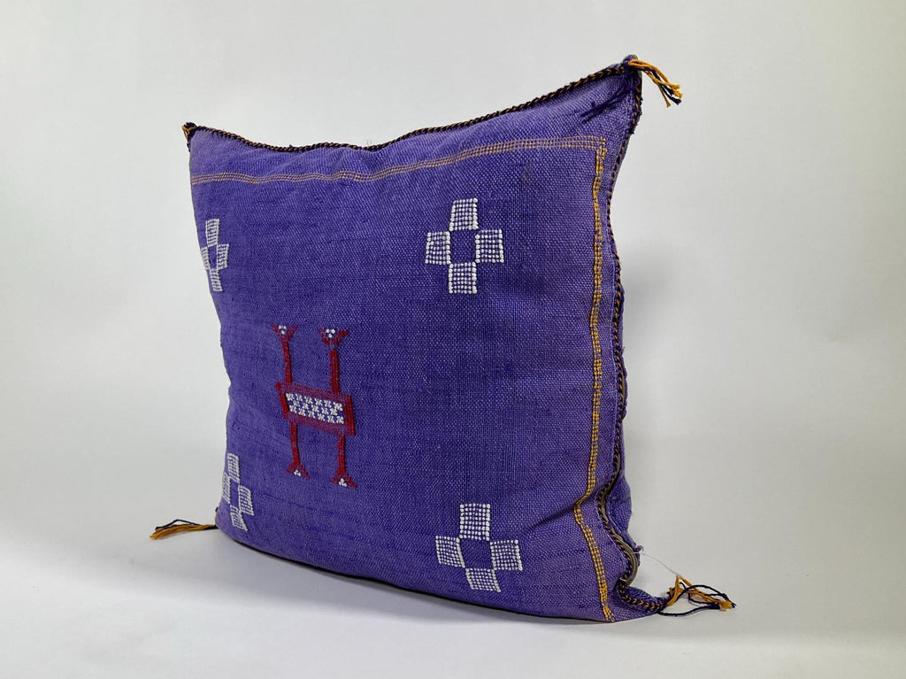 Purple Blue Moroccan Silk Pillow Cover, Handmade Berber Boho Cushion with White Geometric Embroidery - product image 3