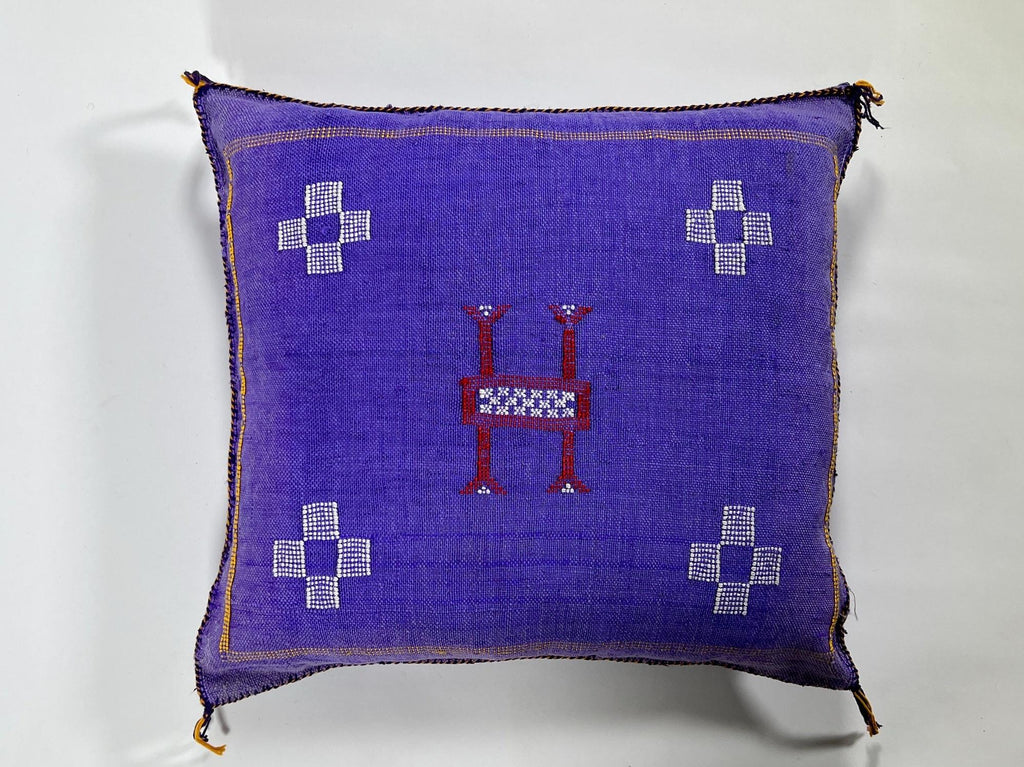 Purple Blue Moroccan Silk Pillow Cover, Handmade Berber Boho Cushion with White Geometric Embroidery - product image 5