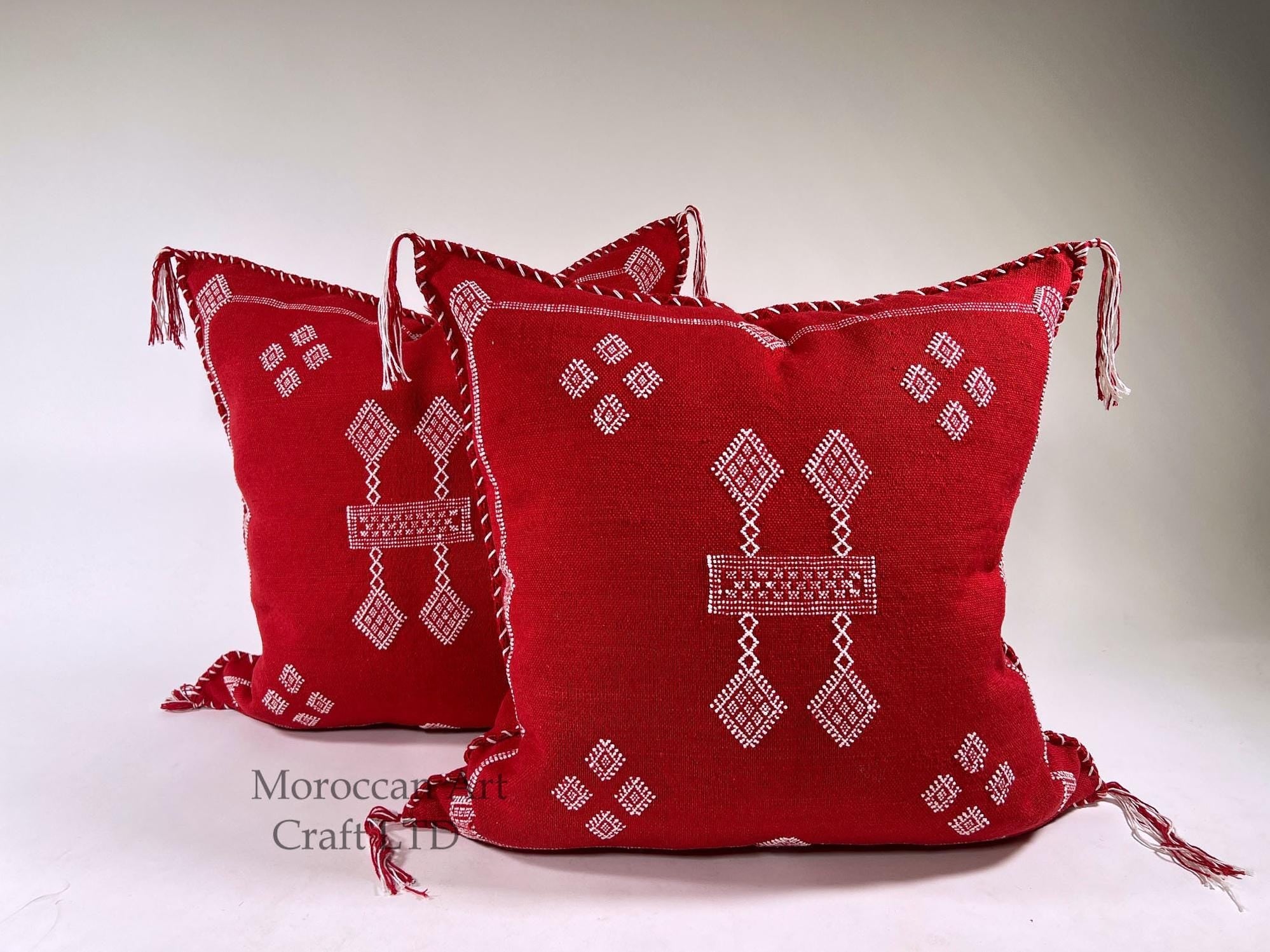 Red Moroccan Silk Pillow Cover, White Embroidered Boho Tassel Cushion, Tribal Kilim Style Decorative Pill - product image 1