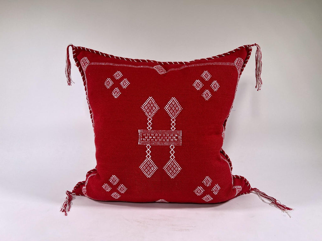 Red Moroccan Silk Pillow Cover, White Embroidered Boho Tassel Cushion, Tribal Kilim Style Decorative Pill - product image 2