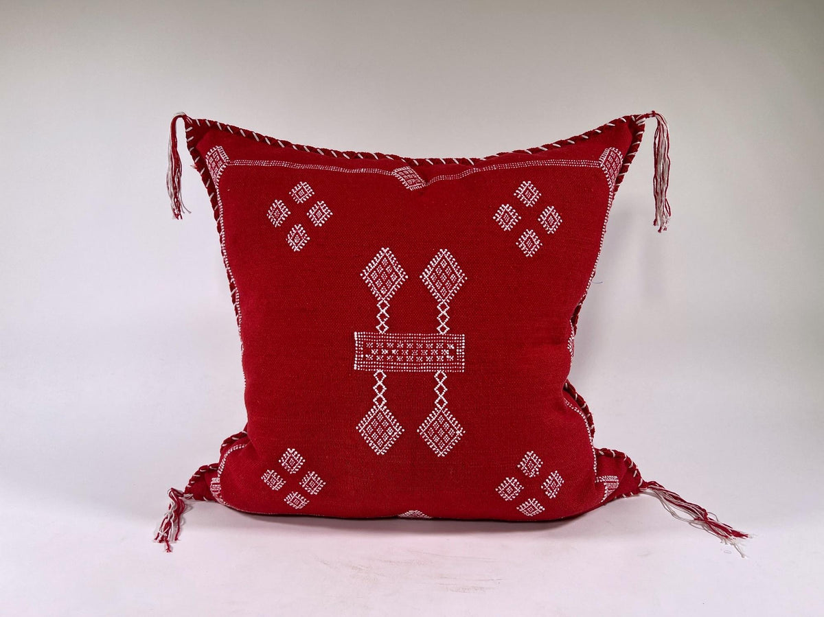 Red Moroccan Silk Pillow Cover, White Embroidered Boho Tassel Cushion, Tribal Kilim Style Decorative Pill - product image 2