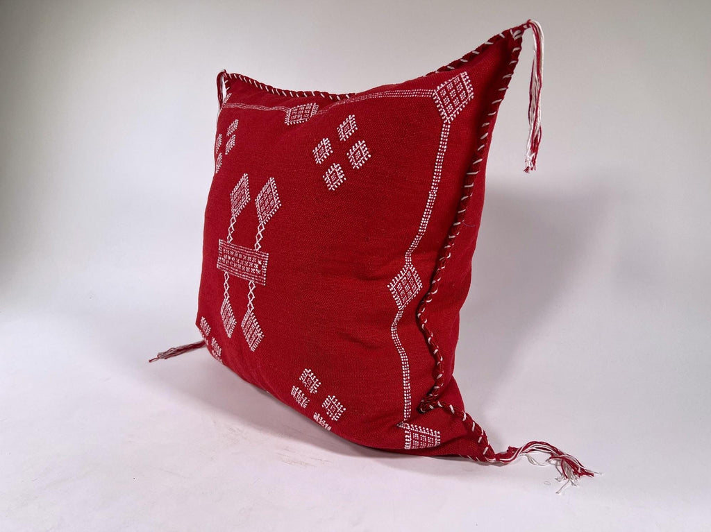 Red Moroccan Silk Pillow Cover, White Embroidered Boho Tassel Cushion, Tribal Kilim Style Decorative Pill - product image 5