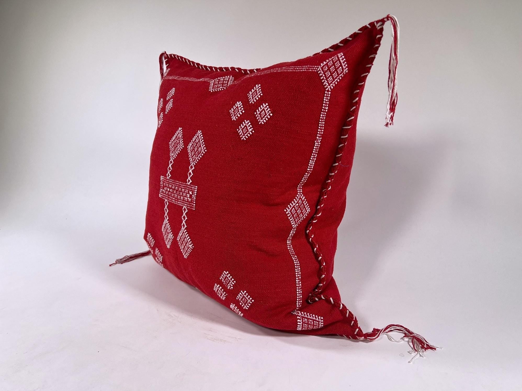 Red Moroccan Silk Pillow Cover, White Embroidered Boho Tassel Cushion, Tribal Kilim Style Decorative Pill - product image 5