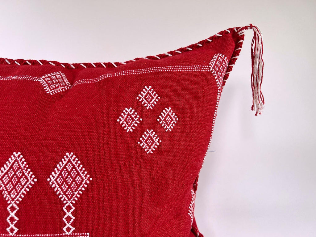 Red Moroccan Silk Pillow Cover, White Embroidered Boho Tassel Cushion, Tribal Kilim Style Decorative Pill - product image 3