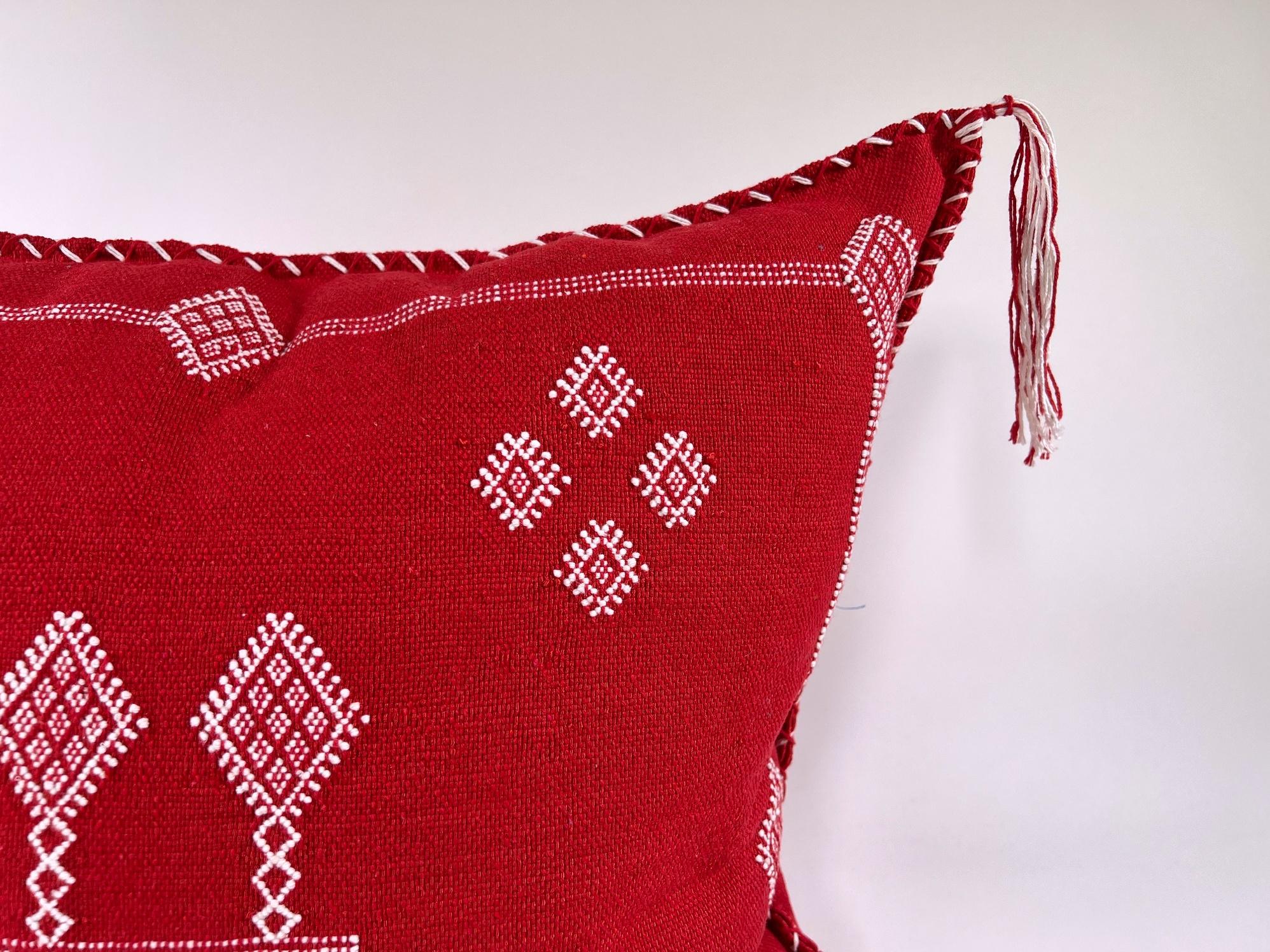 Red Moroccan Silk Pillow Cover, White Embroidered Boho Tassel Cushion, Tribal Kilim Style Decorative Pill - product image 3