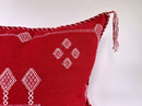 Red Moroccan Silk Pillow Cover, White Embroidered Boho Tassel Cushion, Tribal Kilim Style Decorative Pill - product image 3
