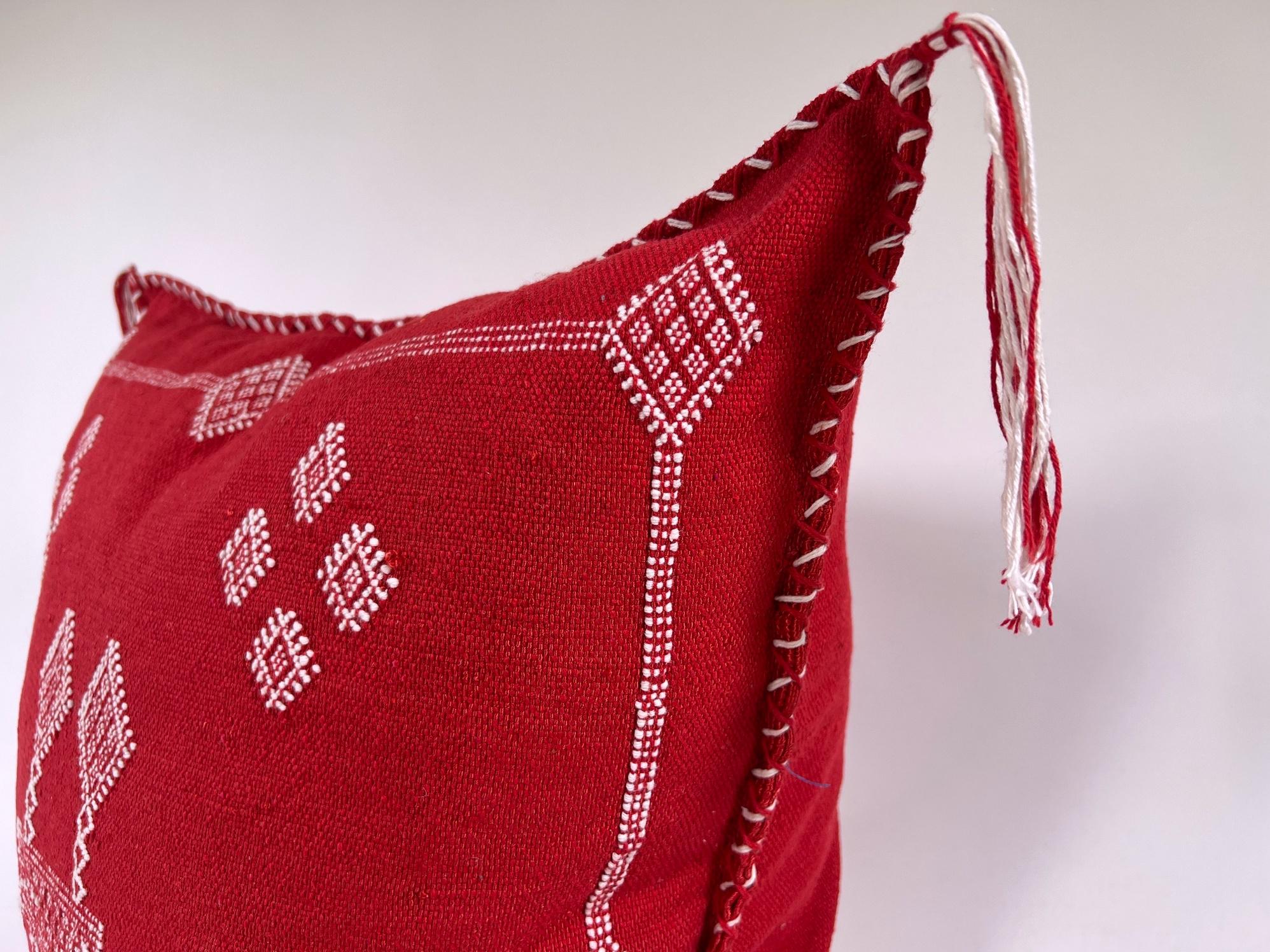 Red Moroccan Silk Pillow Cover, White Embroidered Boho Tassel Cushion, Tribal Kilim Style Decorative Pill - product image 6