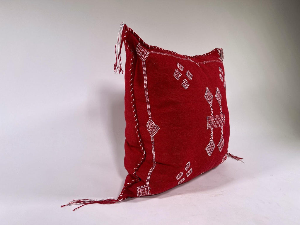 Red Moroccan Silk Pillow Cover, White Embroidered Boho Tassel Cushion, Tribal Kilim Style Decorative Pill - product image 7