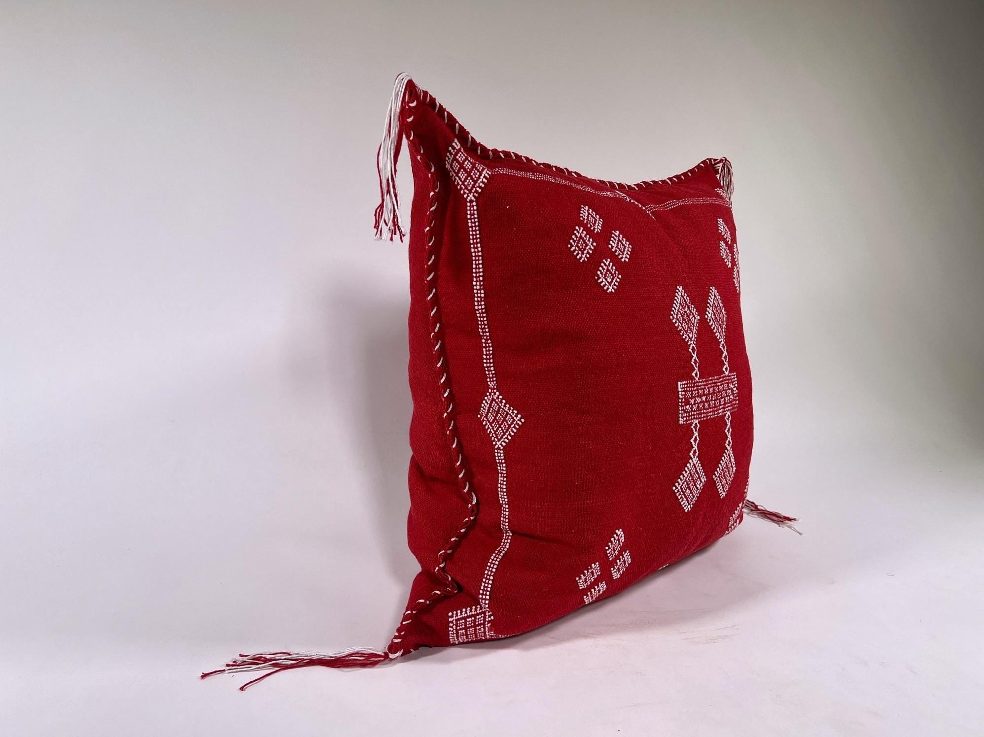 Red Moroccan Silk Pillow Cover, White Embroidered Boho Tassel Cushion, Tribal Kilim Style Decorative Pill - product image 7