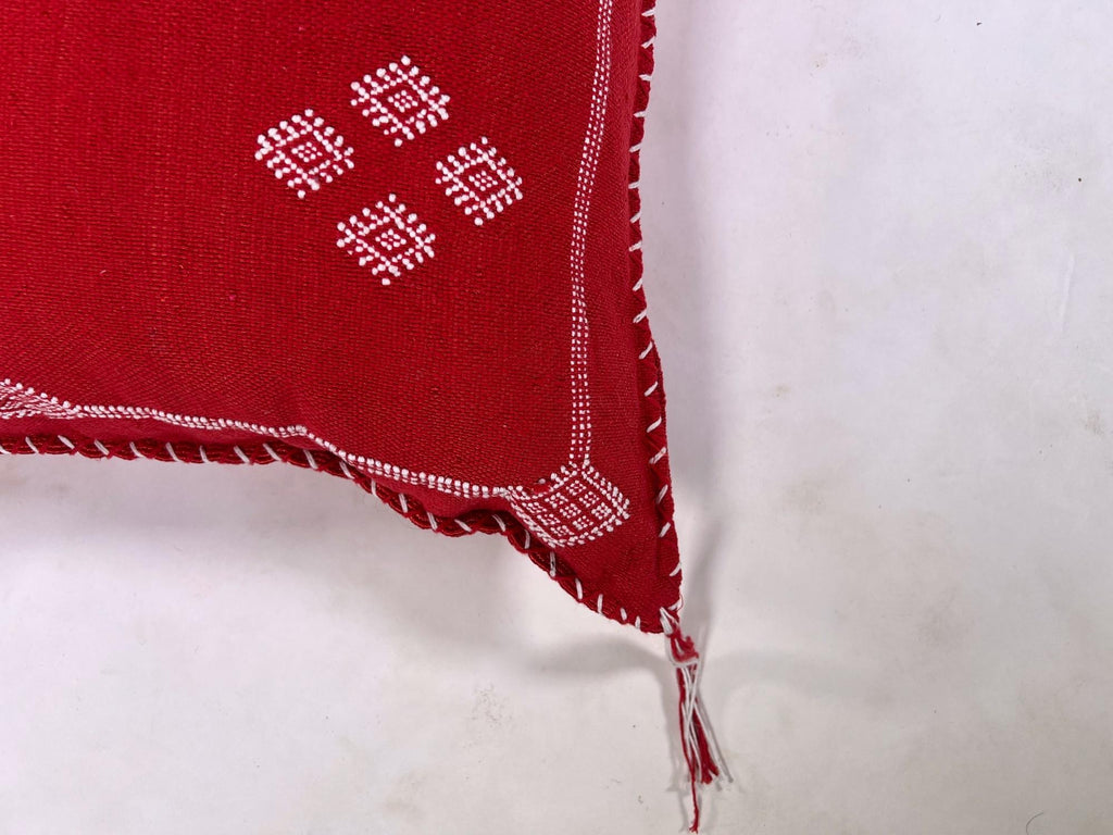 Red Moroccan Silk Pillow Cover, White Embroidered Boho Tassel Cushion, Tribal Kilim Style Decorative Pill - product image 9