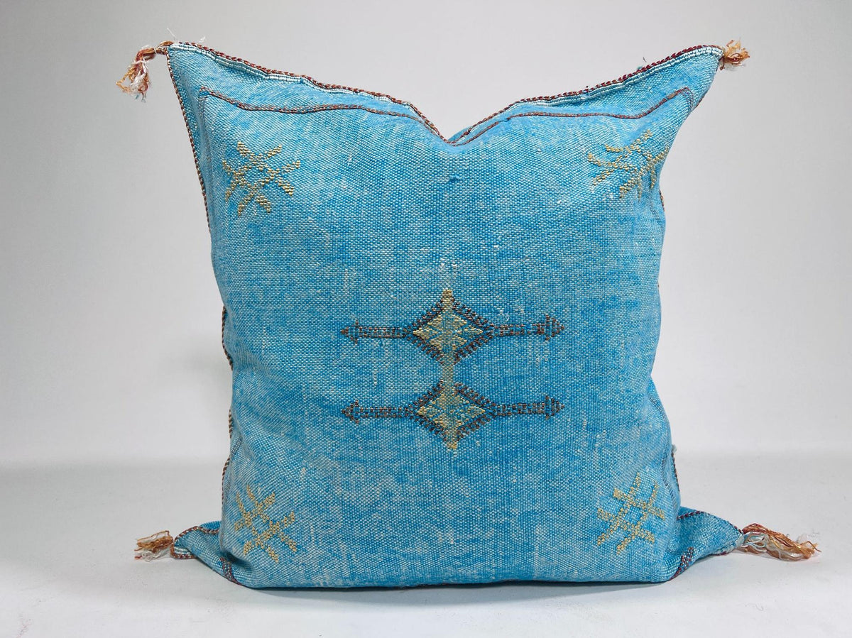 Blue Moroccan Silk Pillow Cover, Boho Kilim Cushion with Gold Embroidery, Handmade Tassel Throw Pillow Ca - product image 2