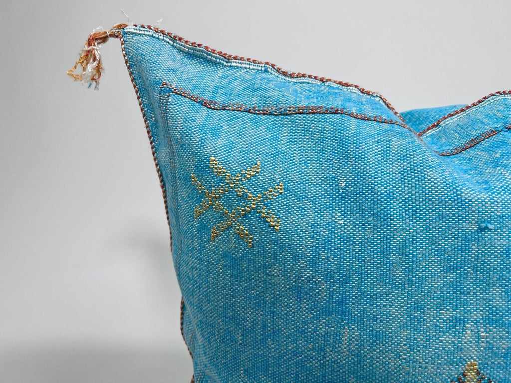 Blue Moroccan Silk Pillow Cover, Boho Kilim Cushion with Gold Embroidery, Handmade Tassel Throw Pillow Ca - product image 3