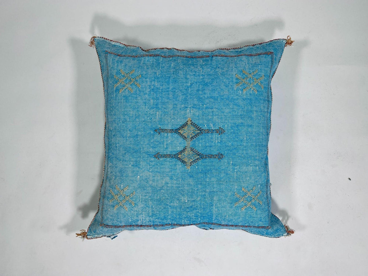 Blue Moroccan Silk Pillow Cover, Boho Kilim Cushion with Gold Embroidery, Handmade Tassel Throw Pillow Ca - product image 7
