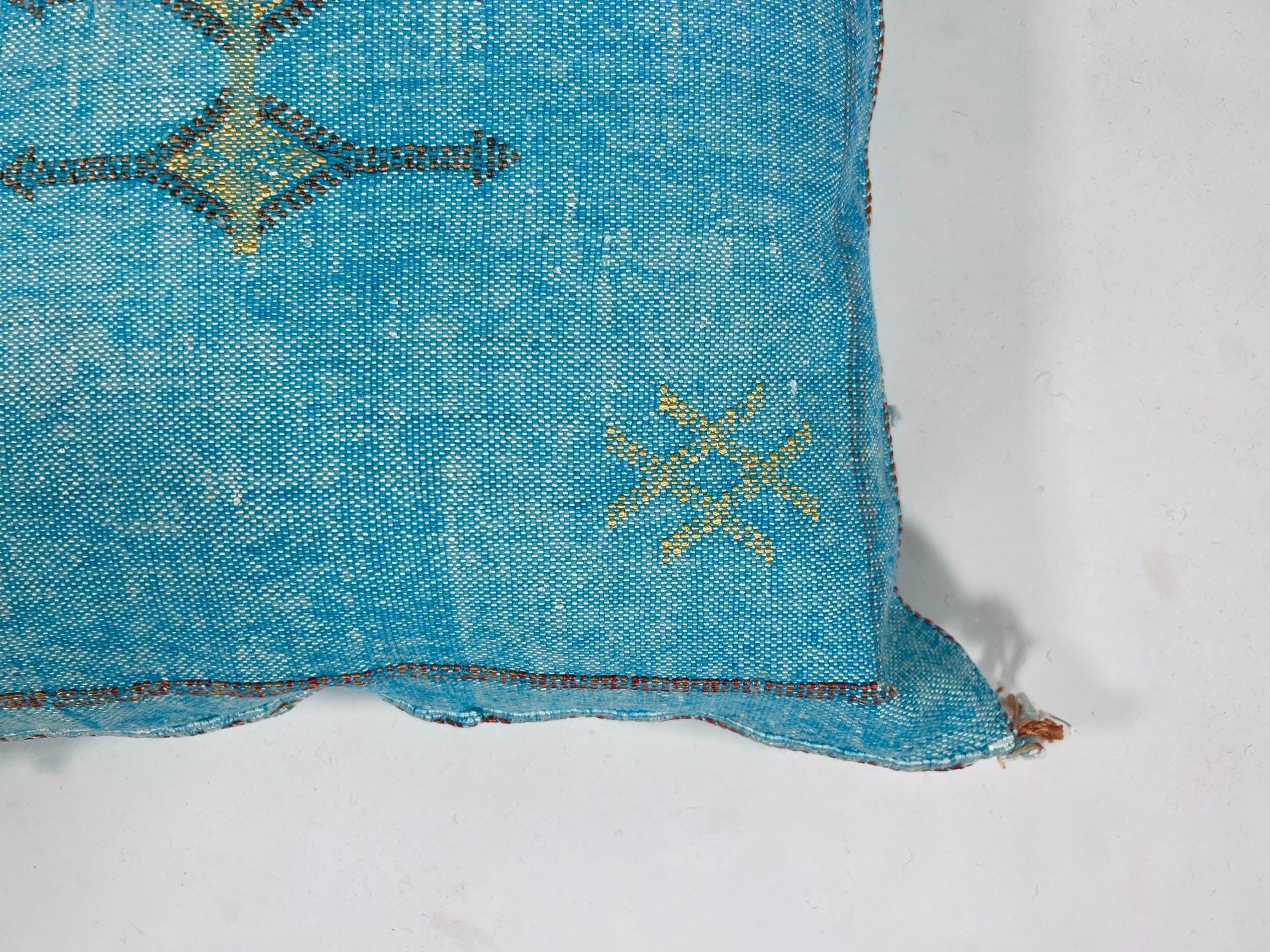 Blue Moroccan Silk Pillow Cover, Boho Kilim Cushion with Gold Embroidery, Handmade Tassel Throw Pillow Ca - product image 8