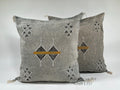 Gray Moroccan Silk Pillow Cover, Black White Geometric Embroidery, Mustard Accent, Boho Tassel Cushion - product image 1