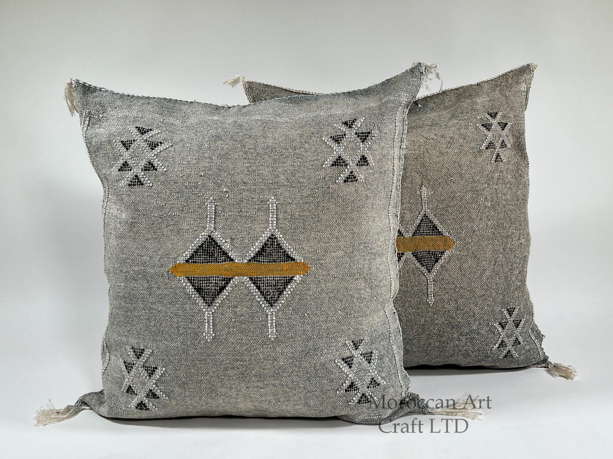 Gray Moroccan Silk Pillow Cover, Black White Geometric Embroidery, Mustard Accent, Boho Tassel Cushion - product image 1