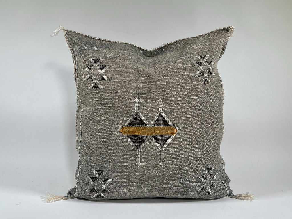 Gray Moroccan Silk Pillow Cover, Black White Geometric Embroidery, Mustard Accent, Boho Tassel Cushion - product image 2