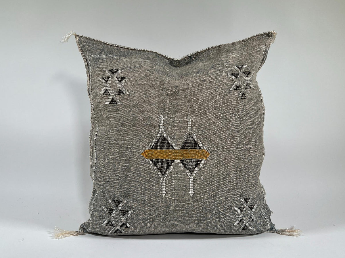 Gray Moroccan Silk Pillow Cover, Black White Geometric Embroidery, Mustard Accent, Boho Tassel Cushion - product image 2
