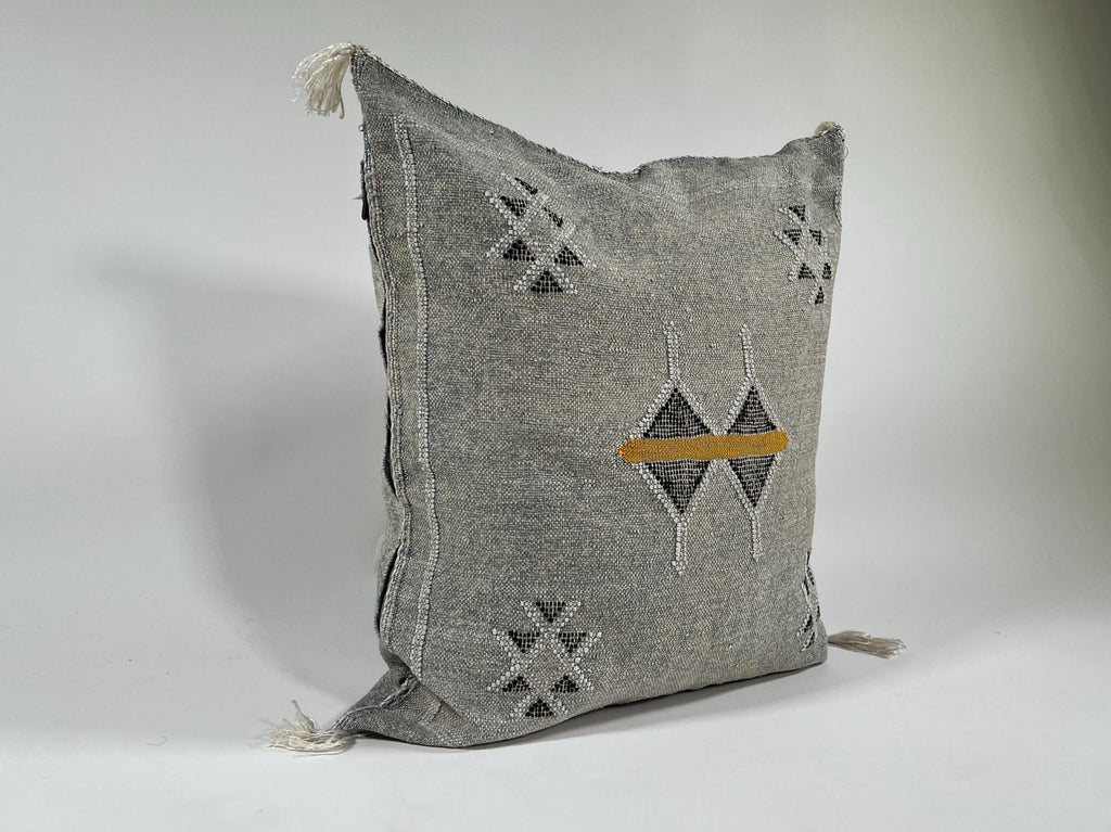 Gray Moroccan Silk Pillow Cover, Black White Geometric Embroidery, Mustard Accent, Boho Tassel Cushion - product image 4