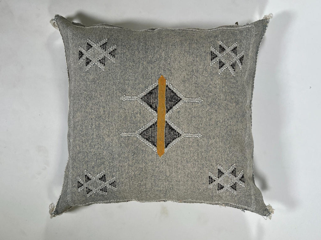Gray Moroccan Silk Pillow Cover, Black White Geometric Embroidery, Mustard Accent, Boho Tassel Cushion - product image 5