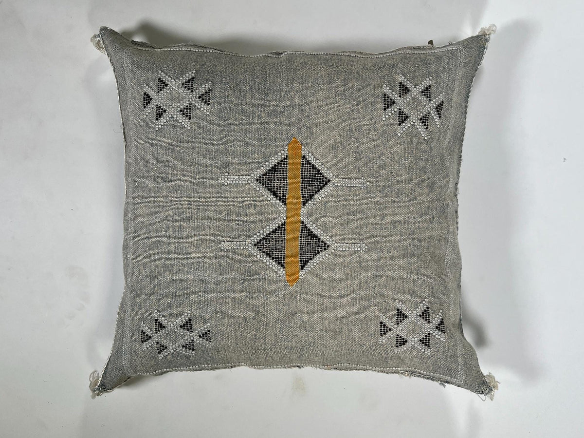 Gray Moroccan Silk Pillow Cover, Black White Geometric Embroidery, Mustard Accent, Boho Tassel Cushion - product image 5