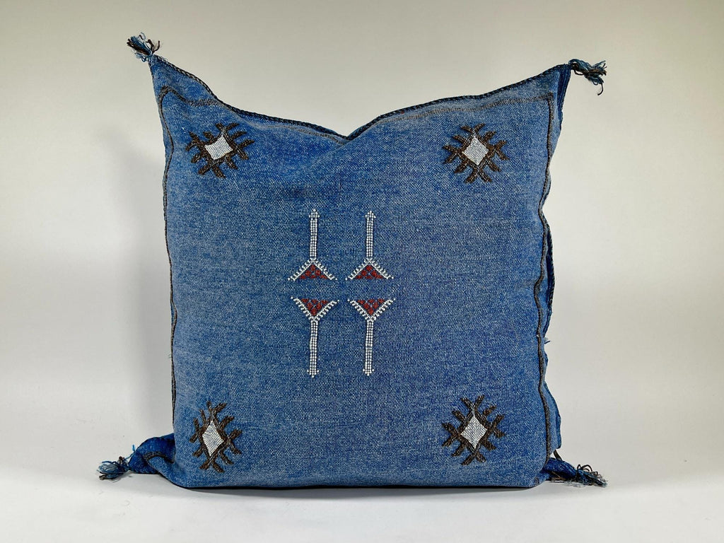 Blue Moroccan Silk Pillow Cover, Navy Boho Kilim Cushion, Handmade Tribal Pillow with Tassel Corners - product image 2
