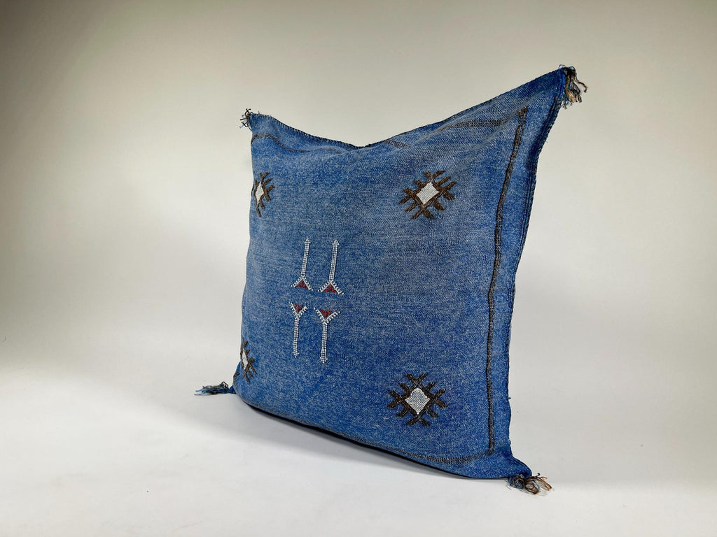 Blue Moroccan Silk Pillow Cover, Navy Boho Kilim Cushion, Handmade Tribal Pillow with Tassel Corners - product image 3