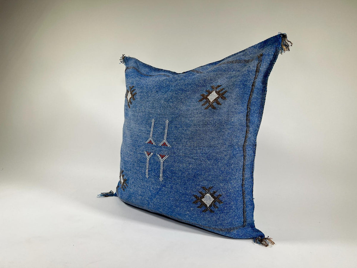 Blue Moroccan Silk Pillow Cover, Navy Boho Kilim Cushion, Handmade Tribal Pillow with Tassel Corners - product image 3