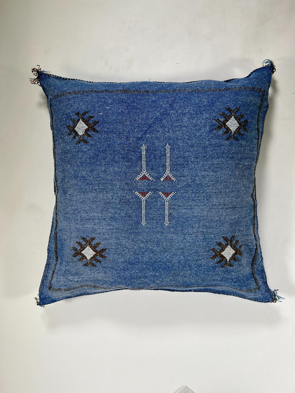 Blue Moroccan Silk Pillow Cover, Navy Boho Kilim Cushion, Handmade Tribal Pillow with Tassel Corners - product image 5