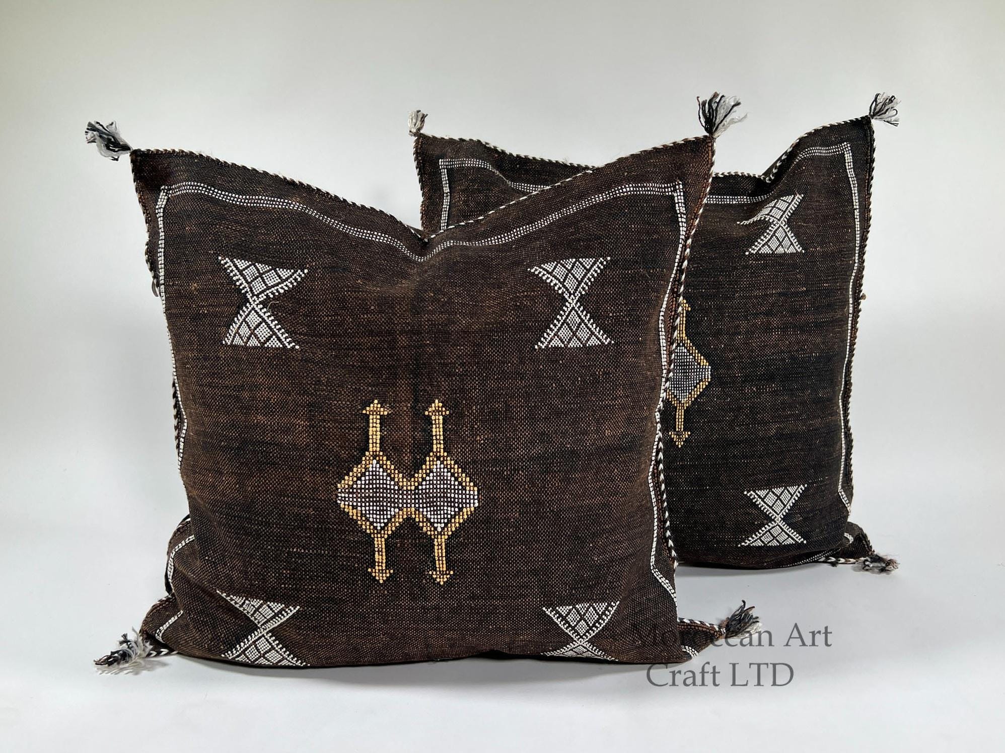 brown Moroccan Boho Silk Pillow Cover, Tribal Kilim Style Cushion with White Geometric Embroidery & Tasse - product image 1