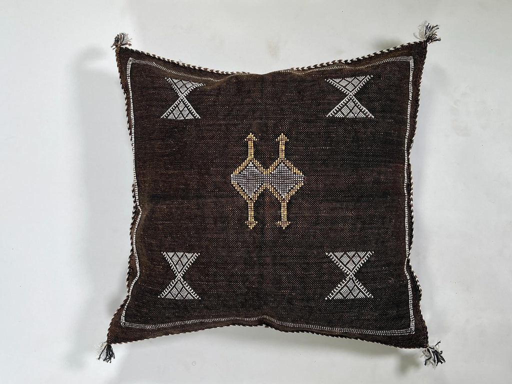 brown Moroccan Boho Silk Pillow Cover, Tribal Kilim Style Cushion with White Geometric Embroidery & Tasse - product image 5