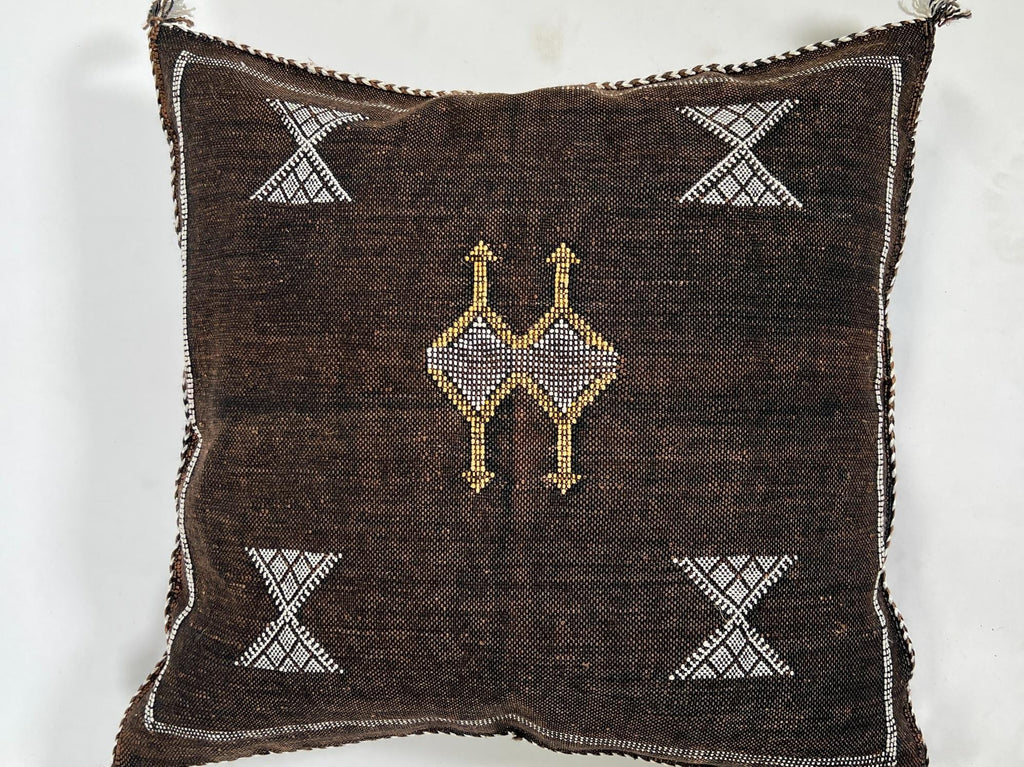 brown Moroccan Boho Silk Pillow Cover, Tribal Kilim Style Cushion with White Geometric Embroidery & Tasse - product image 8