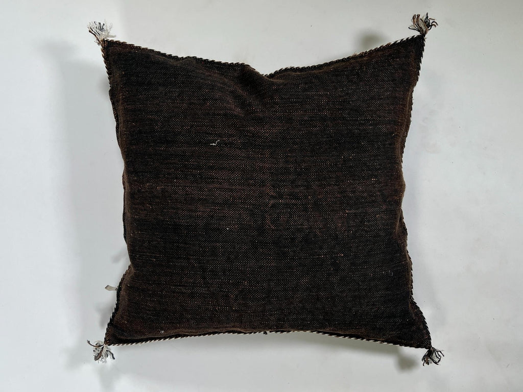 brown Moroccan Boho Silk Pillow Cover, Tribal Kilim Style Cushion with White Geometric Embroidery & Tasse - product image 9