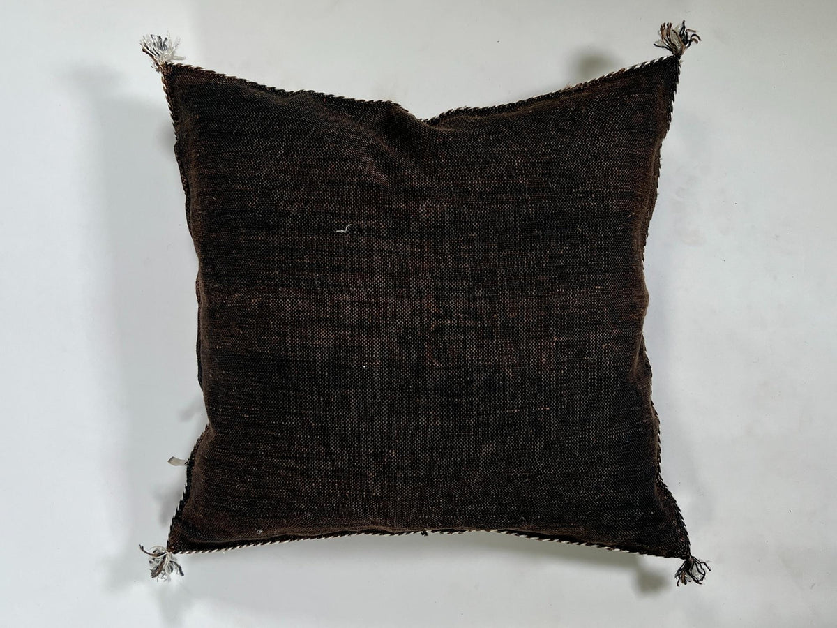 brown Moroccan Boho Silk Pillow Cover, Tribal Kilim Style Cushion with White Geometric Embroidery & Tasse - product image 9