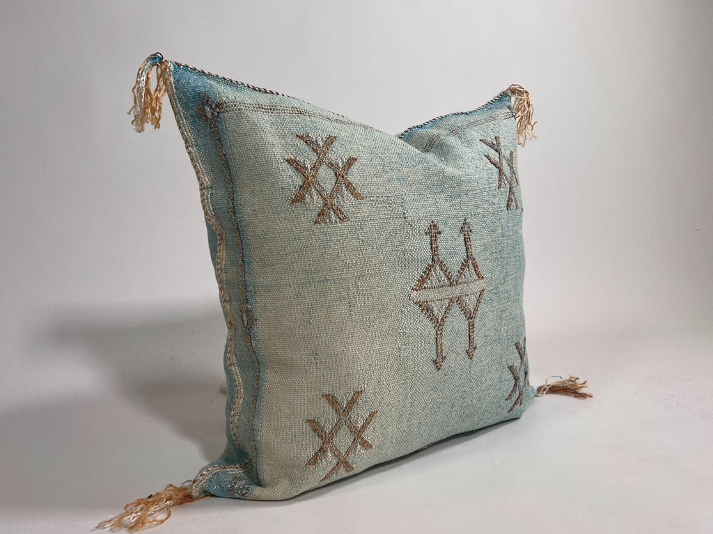 Blue Moroccan Cactus Silk Pillow Cover, Pale Turquoise Boho Cushion with Brown Geometric Embroidery & Cor - product image 4