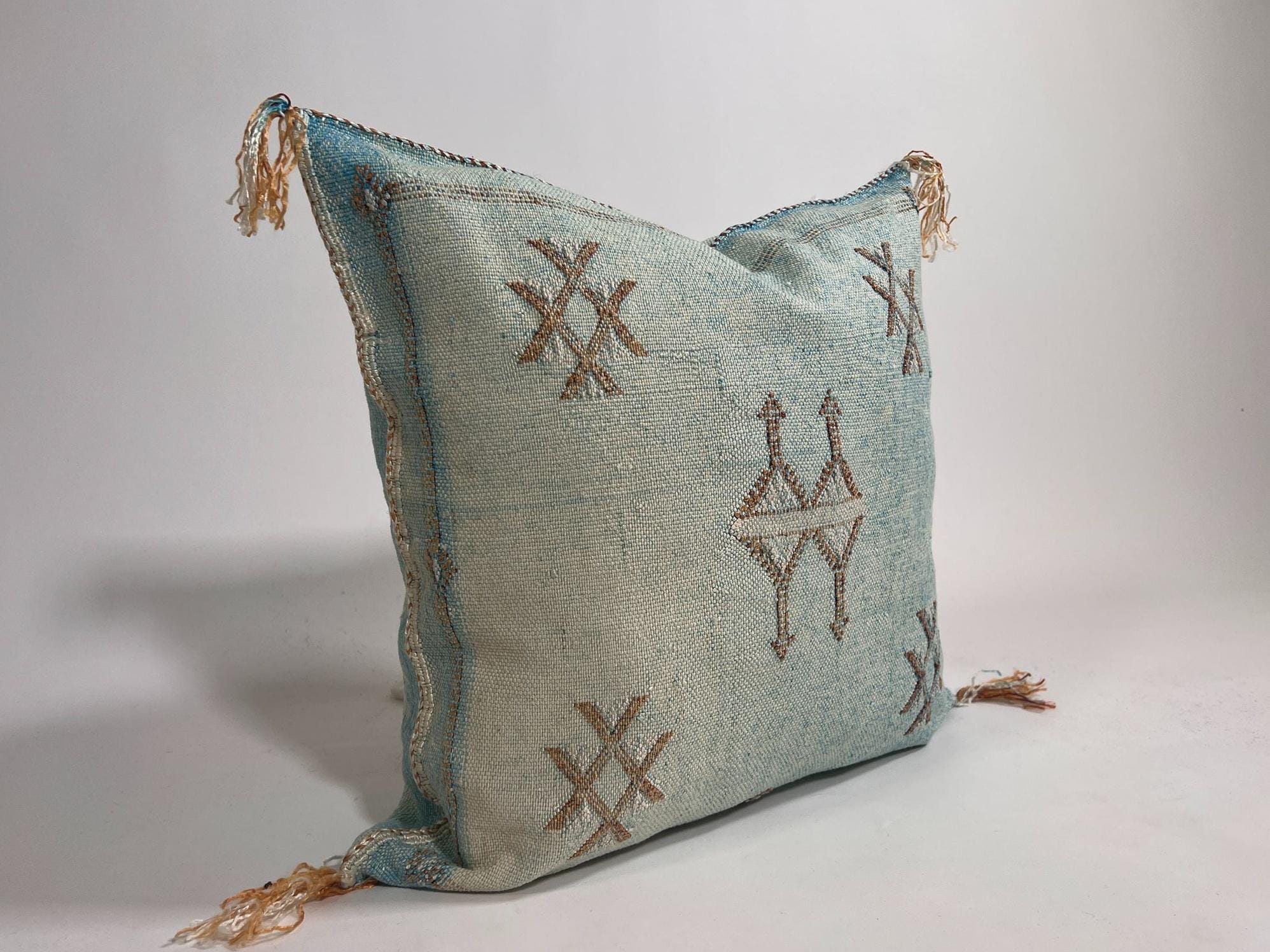 Blue Moroccan Cactus Silk Pillow Cover, Pale Turquoise Boho Cushion with Brown Geometric Embroidery & Cor - product image 4