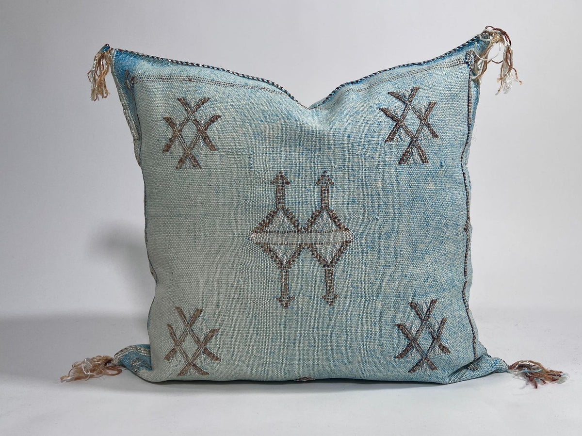 Blue Moroccan Cactus Silk Pillow Cover, Pale Turquoise Boho Cushion with Brown Geometric Embroidery & Cor - product image 2
