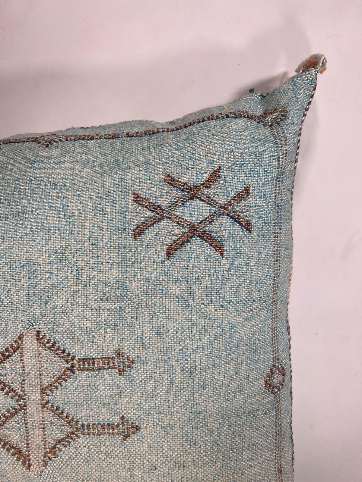 Blue Moroccan Cactus Silk Pillow Cover, Pale Turquoise Boho Cushion with Brown Geometric Embroidery & Cor - product image 6