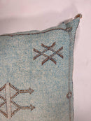 Blue Moroccan Cactus Silk Pillow Cover, Pale Turquoise Boho Cushion with Brown Geometric Embroidery & Cor - product image 6