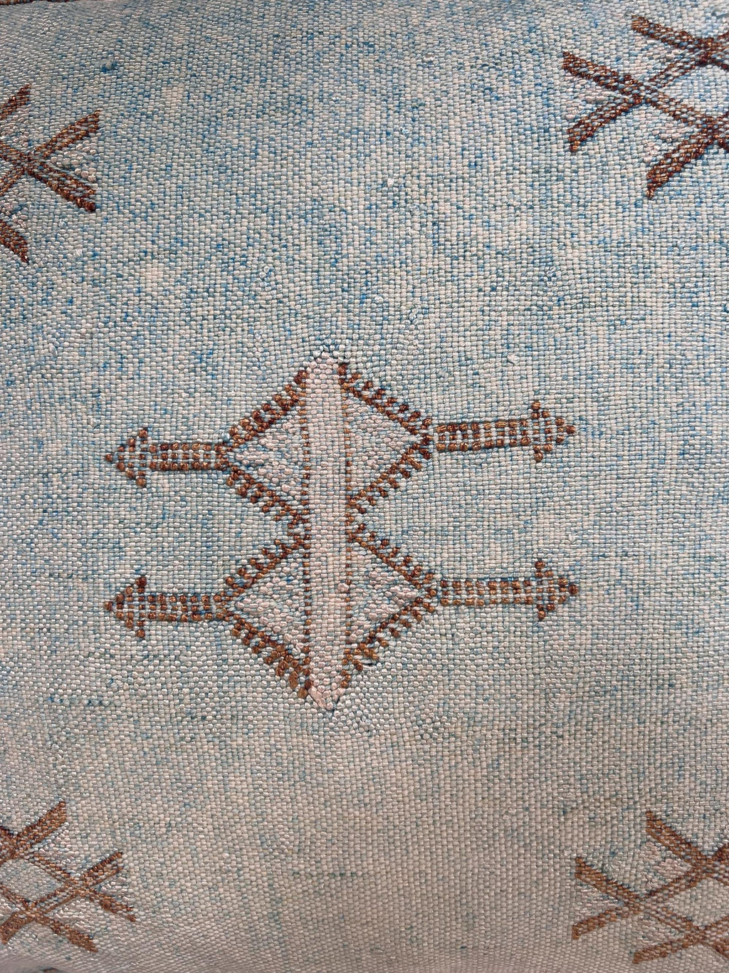 Blue Moroccan Cactus Silk Pillow Cover, Pale Turquoise Boho Cushion with Brown Geometric Embroidery & Cor - product image 7