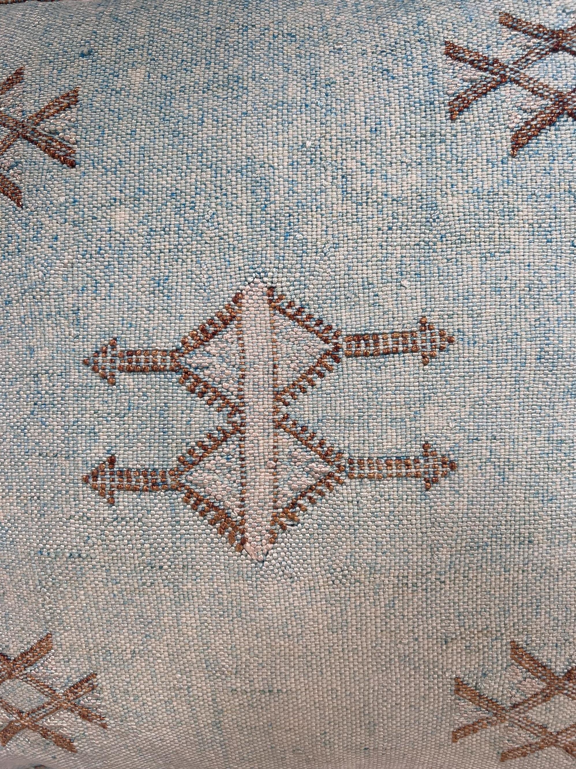 Blue Moroccan Cactus Silk Pillow Cover, Pale Turquoise Boho Cushion with Brown Geometric Embroidery & Cor - product image 7