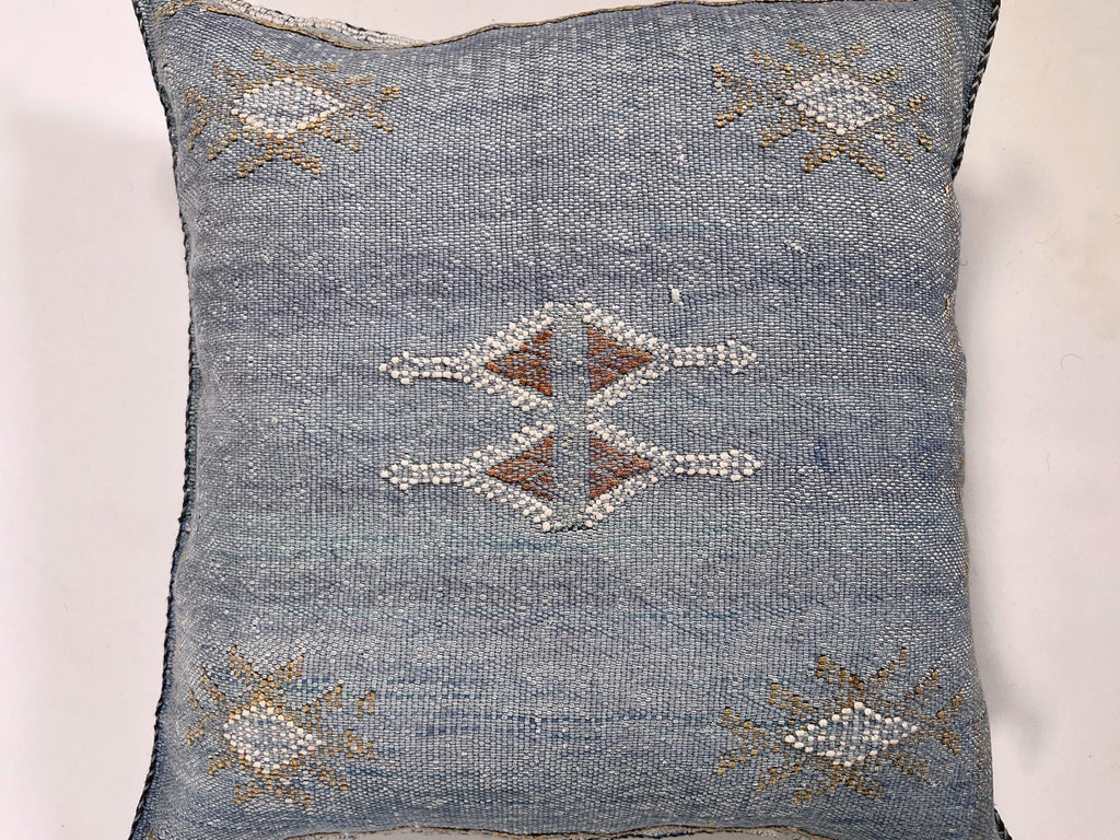 Blue Moroccan Silk Pillow Cover, Boho Tufted Geometric Cushion, Handmade Cactus Silk Kilim Pillow Sham - product image 6